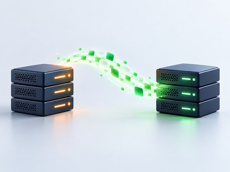 Two server stacks connected by a stream of data, illustrating a managed hosting migration