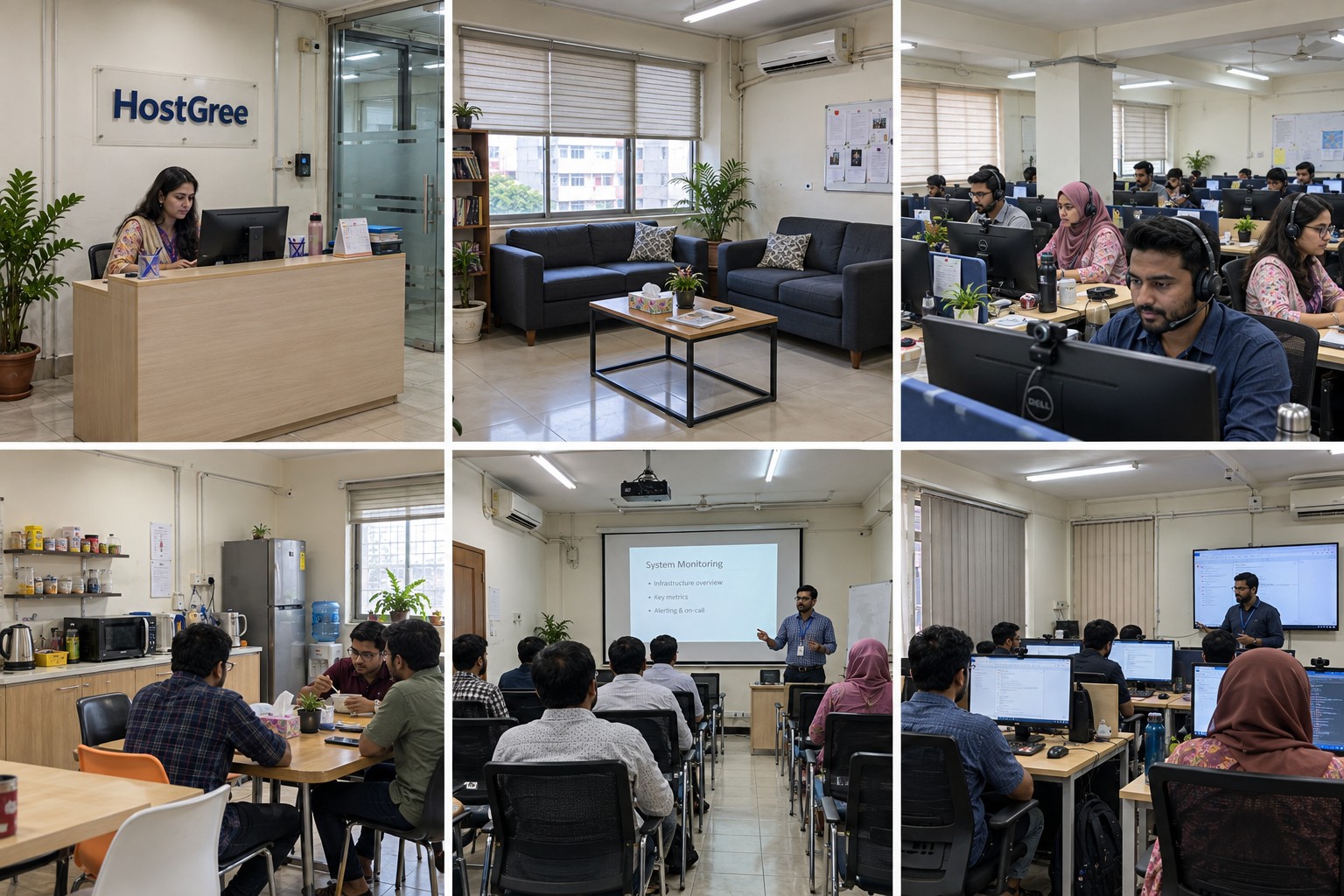 Illustrative six-panel office collage showing reception, waiting lounge, support desks with headsets and webcams, staff café, seminar room and computer training room
